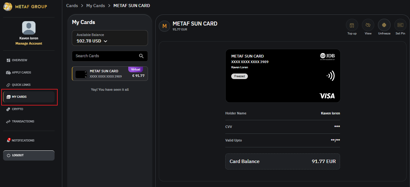 Unfreeze Your Card screen